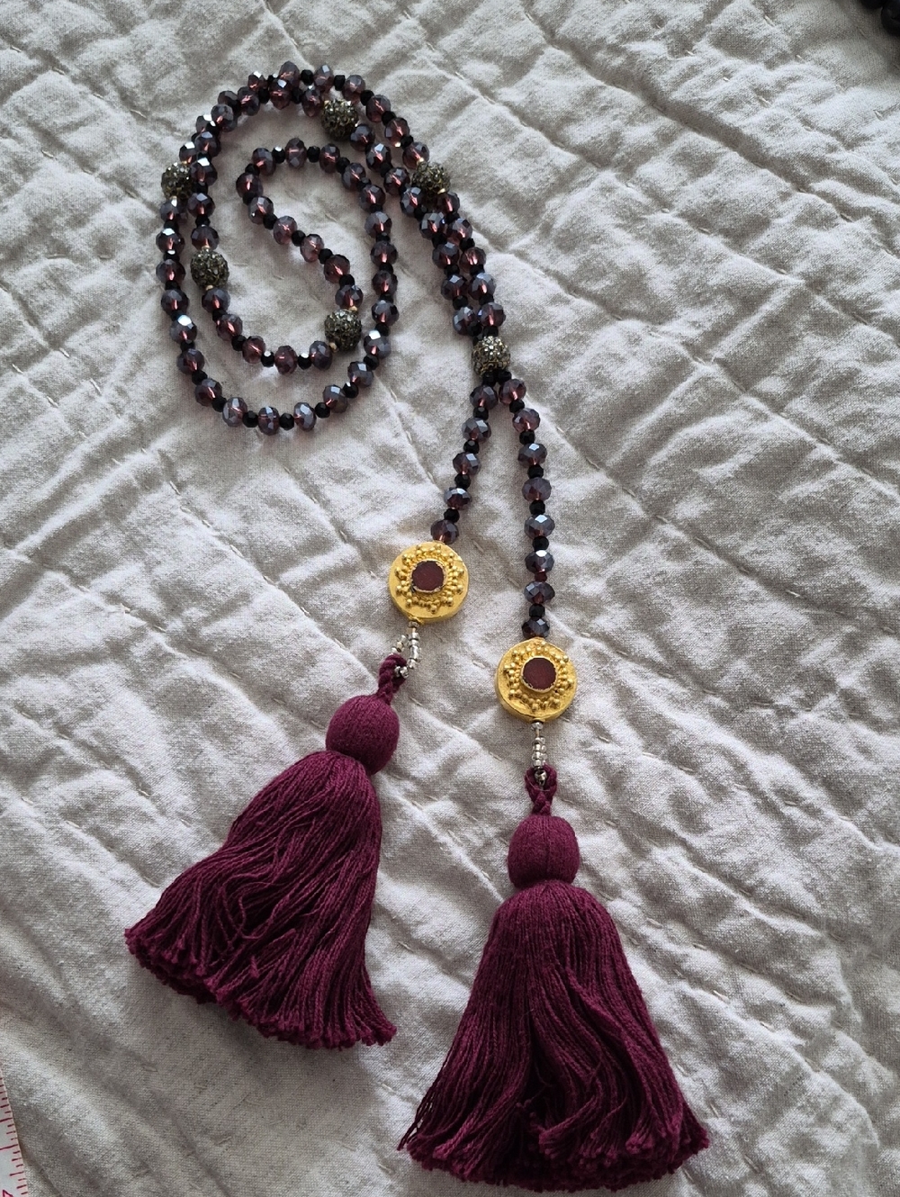 Handmade Burgundy Tassel Beaded Necklace